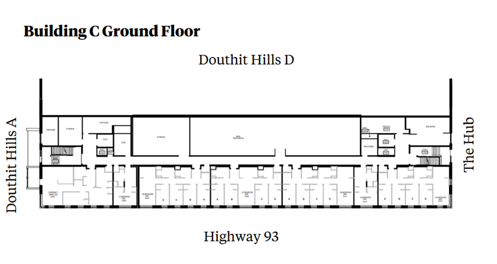 Douthit Hills Building C ground-floor plan showing a residential corridor between Douthit Hills A and The Hub, with Douthit Hills D above and Highway 93 below. The plan includes student bedroom suites, stairwells, community and support spaces, storage and mechanical areas, and restroom facilities.