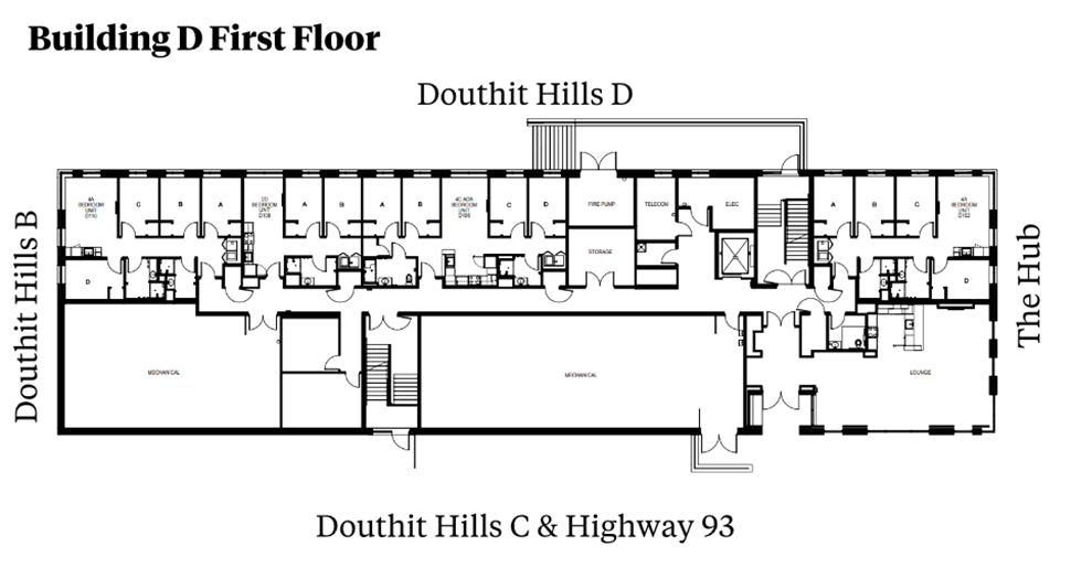 Douthit Hills Building D first-floor plan showing a residential corridor between Douthit Hills B and The Hub, with Douthit Hills D above and Douthit Hills C/Highway 93 below. The plan includes student bedroom suites, an elevator, stairwells, lounge and support spaces, large mechanical areas, and restroom facilities.