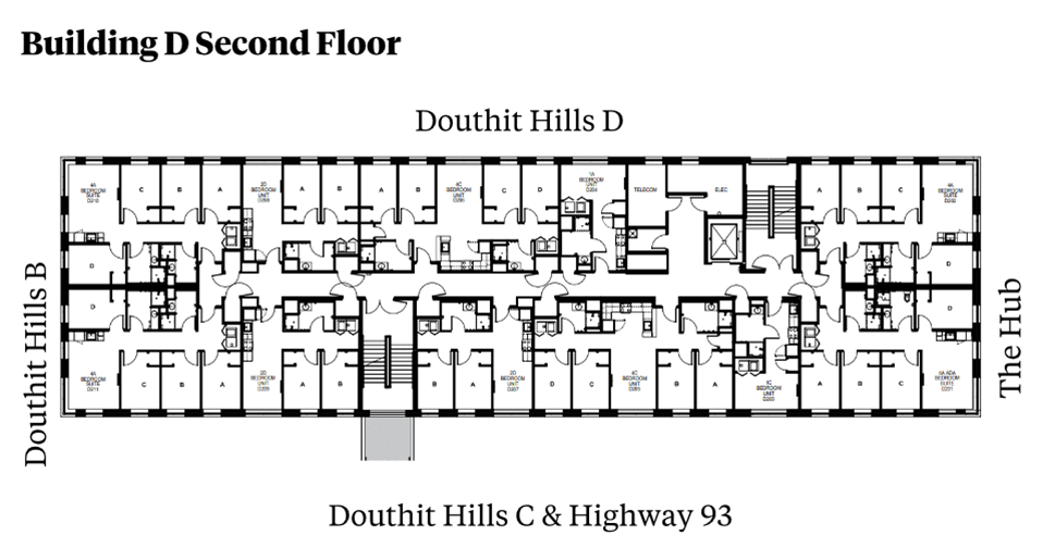 Douthit Hills Building D second-floor plan showing a residential corridor between Douthit Hills B and The Hub, with Douthit Hills D above and Douthit Hills C/Highway 93 below. The plan includes student bedroom suites, an elevator, stairwells, shared support spaces, and multiple restroom areas with ADA-accessible units.
