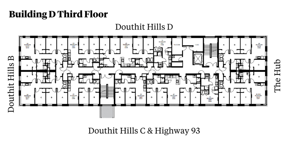 Douthit Hills Building D Third-floor plan showing a residential corridor between Douthit Hills B and The Hub, with Douthit Hills D above and Douthit Hills C/Highway 93 below. The plan includes student bedroom suites, an elevator, stairwells, shared support spaces, and multiple restroom areas with ADA-accessible units.