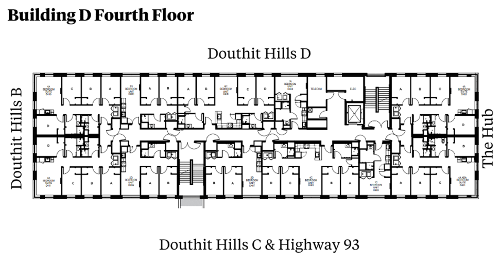 Douthit Hills Building D Fourth-floor plan showing a residential corridor between Douthit Hills B and The Hub, with Douthit Hills D above and Douthit Hills C/Highway 93 below. The plan includes student bedroom suites, an elevator, stairwells, shared support spaces, and multiple restroom areas with ADA-accessible units.