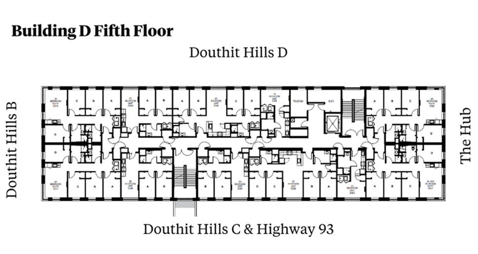 Douthit Hills Building D fifth-floor plan showing a residential corridor between Douthit Hills B and The Hub, with Douthit Hills D above and Douthit Hills C/Highway 93 below. The plan includes student bedroom suites, an elevator, stairwells, shared support spaces, and multiple restroom areas with ADA-accessible units.