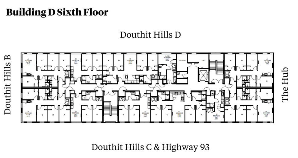 Douthit Hills Building D sixth-floor plan showing a residential corridor between Douthit Hills B and The Hub, with Douthit Hills D above and Douthit Hills C/Highway 93 below. The plan includes student bedroom suites, an elevator, stairwells, shared support spaces, and multiple restroom areas with ADA-accessible units.