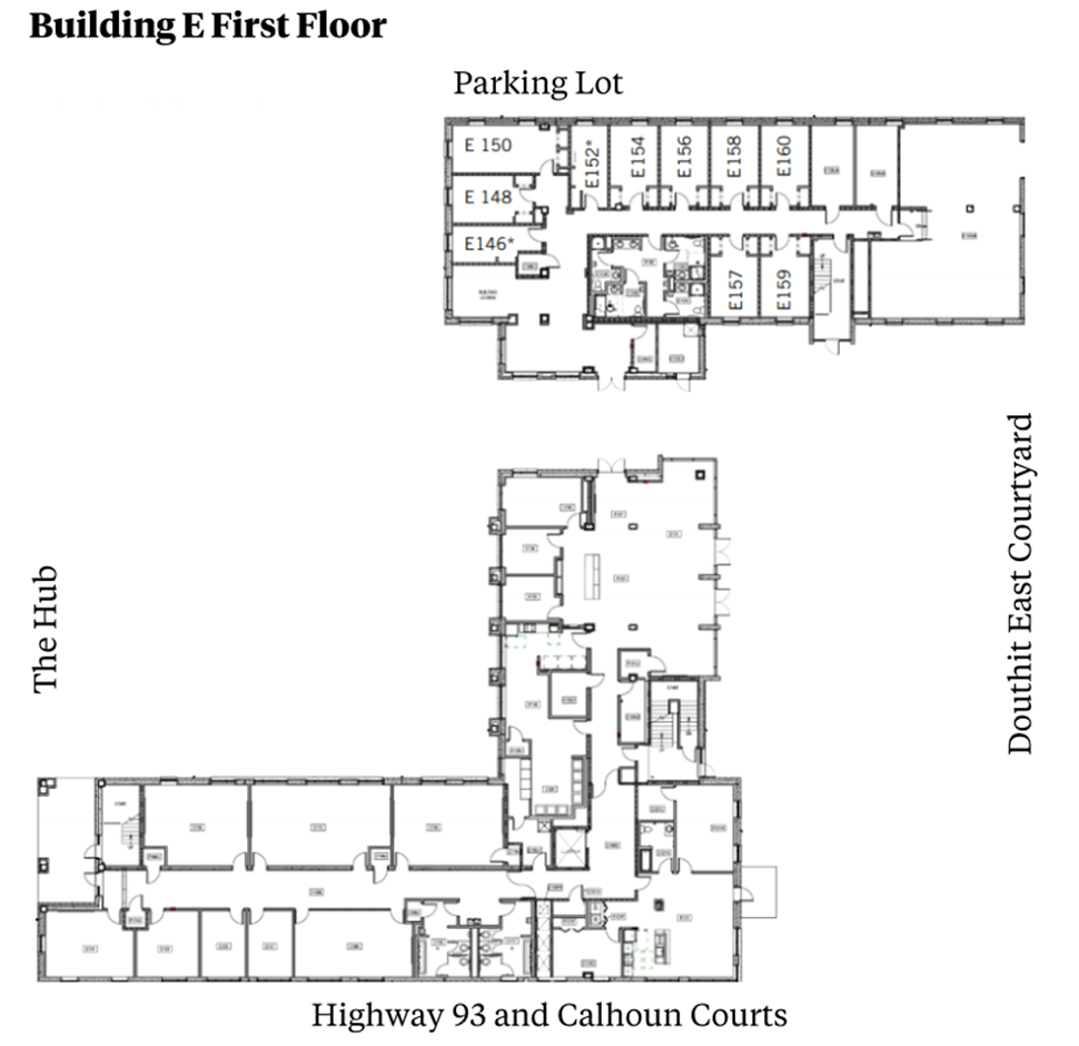 Douthit Hills Building E first-floor plan showing residential and community spaces between The Hub and Douthit East Courtyard, with a parking lot above and Highway 93/Calhoun Courts below. The plan includes student rooms, stairwells, elevators, lounge and support spaces, offices, and restroom areas with ADA-accessible facilities.