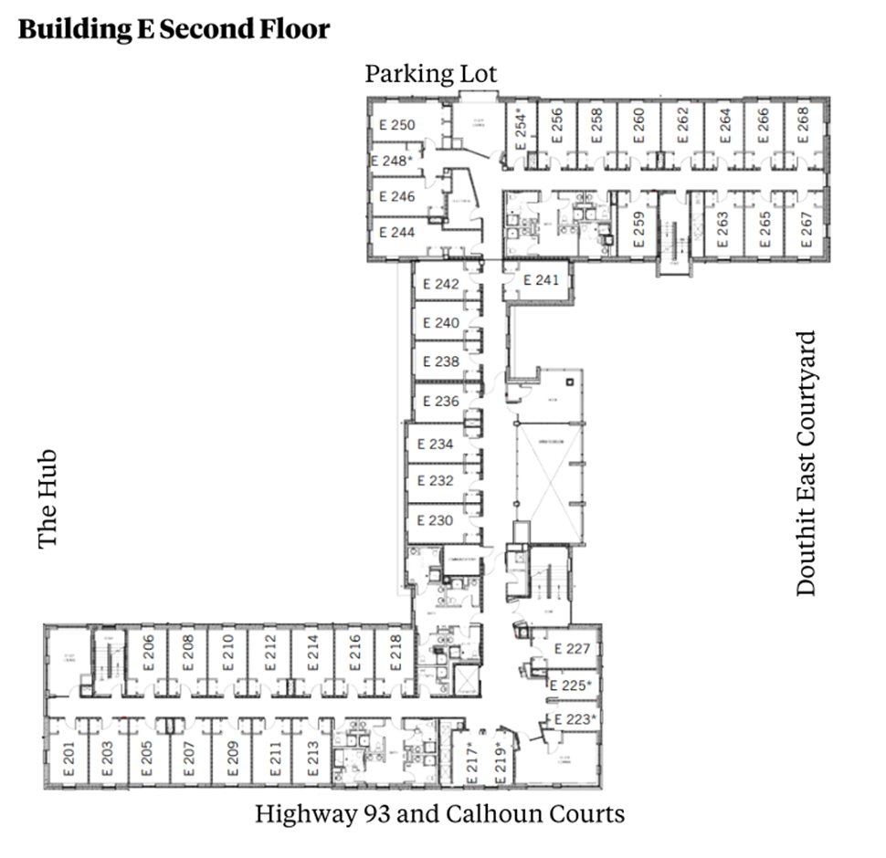 Douthit Hills Building E second-floor plan showing residential and community spaces between The Hub and Douthit East Courtyard, with a parking lot above and Highway 93/Calhoun Courts below. The plan includes student rooms, stairwells, elevators, lounge and restroom areas with ADA-accessible facilities.