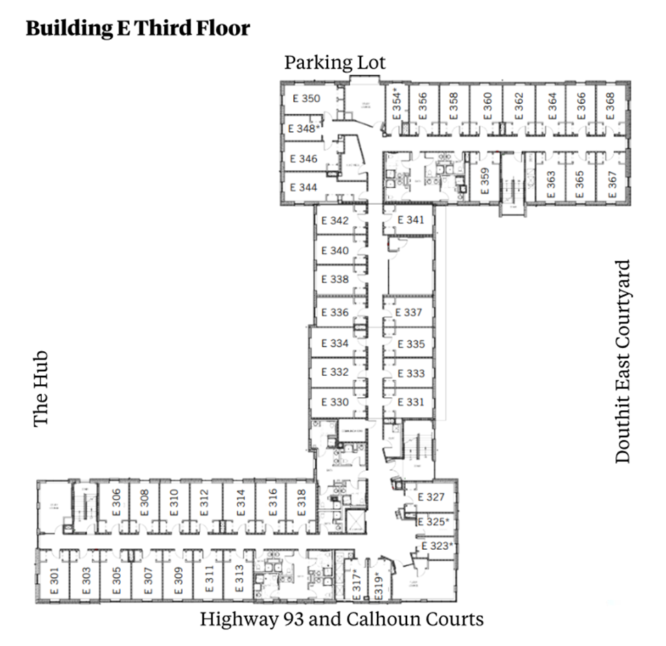 Douthit Hills Building E thrid-floor plan showing residential and community spaces between The Hub and Douthit East Courtyard, with a parking lot above and Highway 93/Calhoun Courts below. The plan includes student rooms, stairwells, elevators, lounge and restroom areas with ADA-accessible facilities.