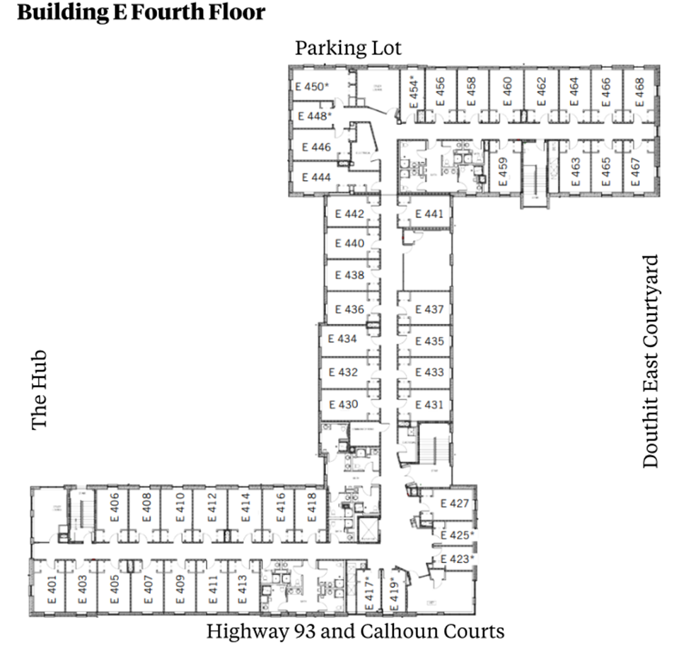 Douthit Hills Building E fourth-floor plan showing residential and community spaces between The Hub and Douthit East Courtyard, with a parking lot above and Highway 93/Calhoun Courts below. The plan includes student rooms, stairwells, elevators, lounge and restroom areas with ADA-accessible facilities.