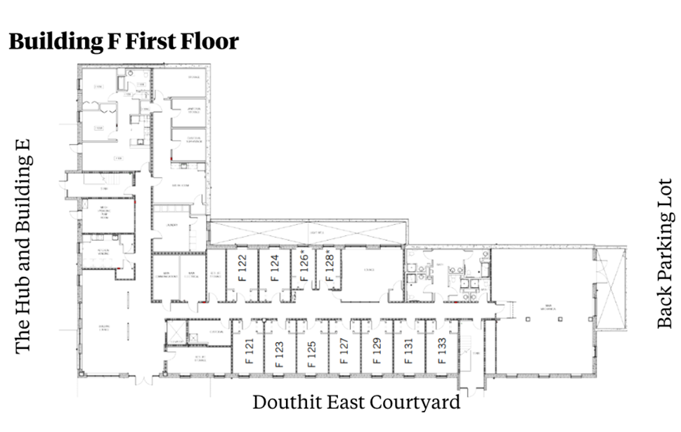 Douthit Hills Building F first-floor plan showing residential and community spaces between The Hub/Building E and the back parking lot, with Douthit East Courtyard below. The plan includes student rooms, lounge and support spaces, offices, mechanical areas, stairwells, and restroom areas with ADA-accessible facilities.