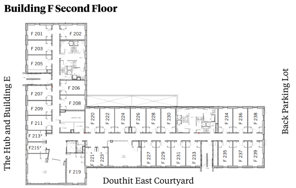 Douthit Hills Building F Second-floor plan showing residential and community spaces between The Hub/Building E and the back parking lot, with Douthit East Courtyard below. The plan includes student rooms, stairwells, and restroom areas with ADA-accessible facilities.