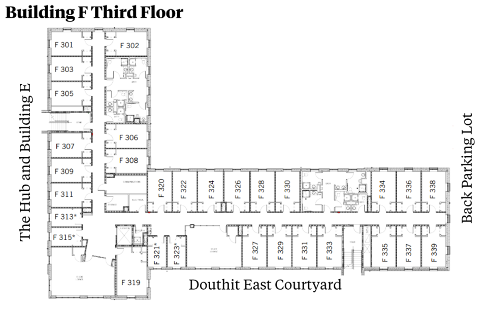 Douthit Hills Building F third-floor plan showing residential and community spaces between The Hub/Building E and the back parking lot, with Douthit East Courtyard below. The plan includes student rooms, stairwells, and restroom areas with ADA-accessible facilities.