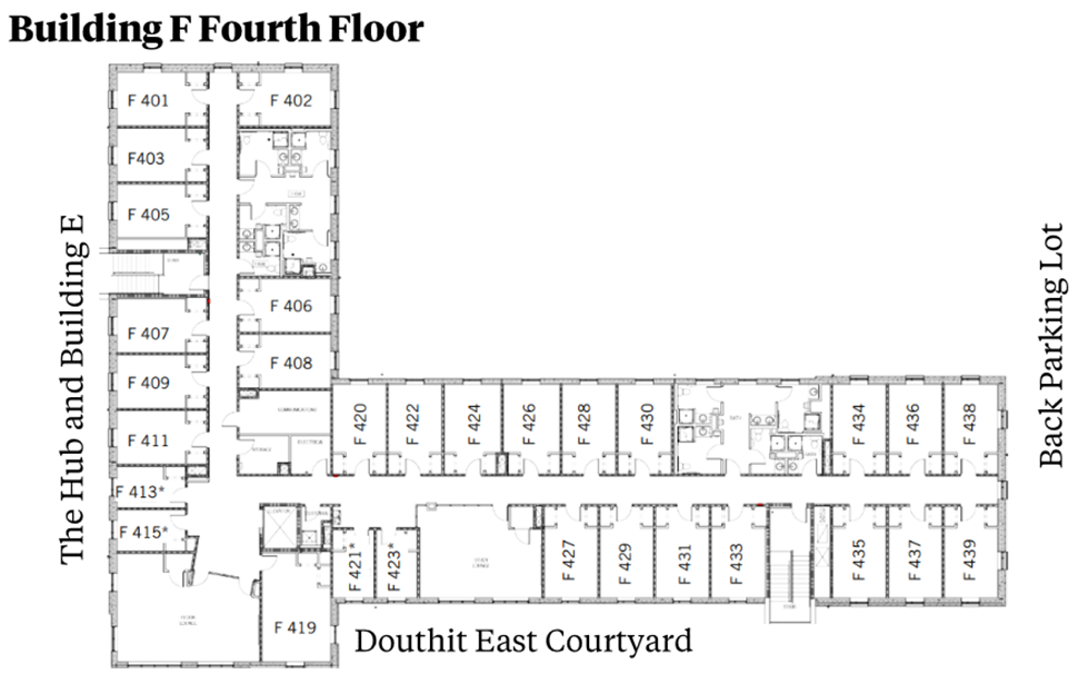 Douthit Hills Building F fourth-floor plan showing residential and community spaces between The Hub/Building E and the back parking lot, with Douthit East Courtyard below. The plan includes student rooms, stairwells, and restroom areas with ADA-accessible facilities.