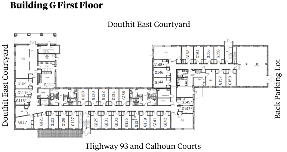 Douthit Hills Building G first-floor plan showing residential and community spaces between Douthit East Courtyard and the back parking lot, with Highway 93/Calhoun Courts below. The plan includes student rooms, stairwells, lounge and support spaces, mechanical areas, and restroom areas with ADA-accessible facilities.
