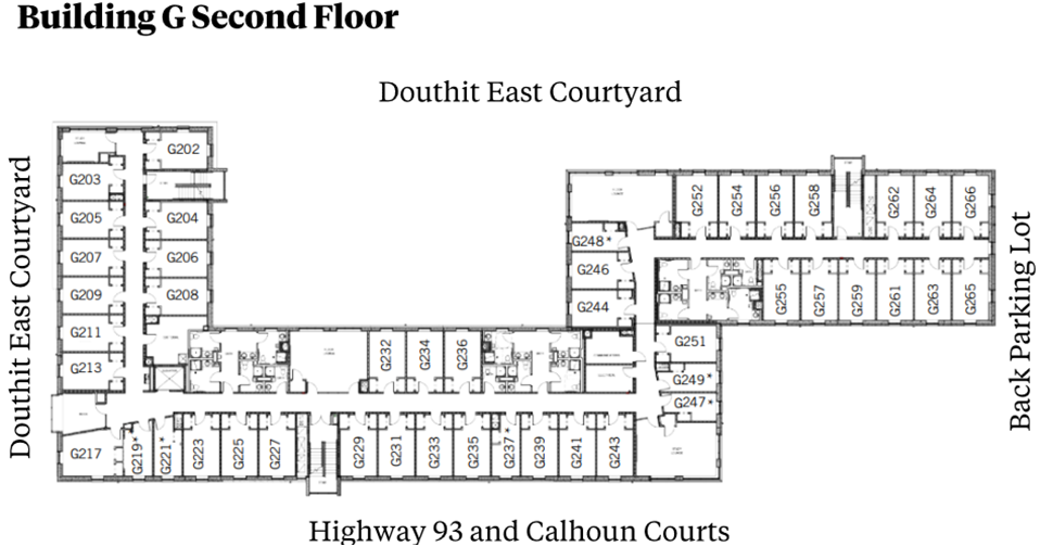 Douthit Hills Building G second-floor plan showing residential and community spaces between Douthit East Courtyard and the back parking lot, with Highway 93/Calhoun Courts below. The plan includes student rooms, stairwells, and restroom areas with ADA-accessible facilities.