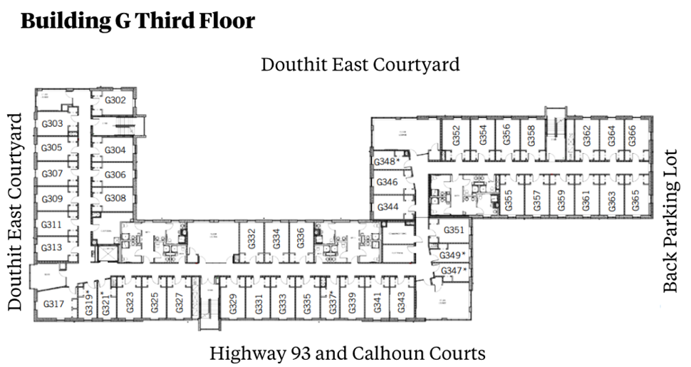 Douthit Hills Building G third-floor plan showing residential and community spaces between Douthit East Courtyard and the back parking lot, with Highway 93/Calhoun Courts below. The plan includes student rooms, stairwells, and restroom areas with ADA-accessible facilities.