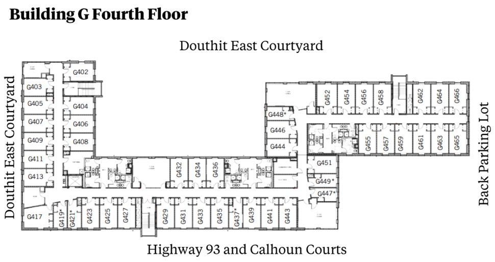 Douthit Hills Building G fourth-floor plan showing residential and community spaces between Douthit East Courtyard and the back parking lot, with Highway 93/Calhoun Courts below. The plan includes student rooms, stairwells, and restroom areas with ADA-accessible facilities.