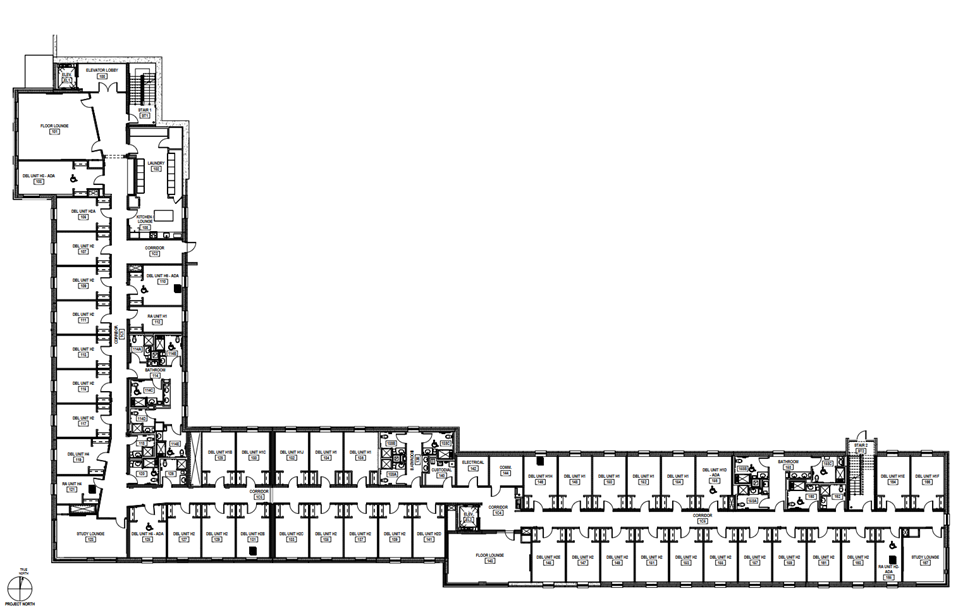 Douthit Hills Building H first-floor plan showing an L-shaped residential floor with double-unit rooms arranged along long central corridors. The plan includes elevator lobbies, stairwells, floor lounges, study lounges, and wetcore semi-private bathrooms with ADA-accessible facilities.