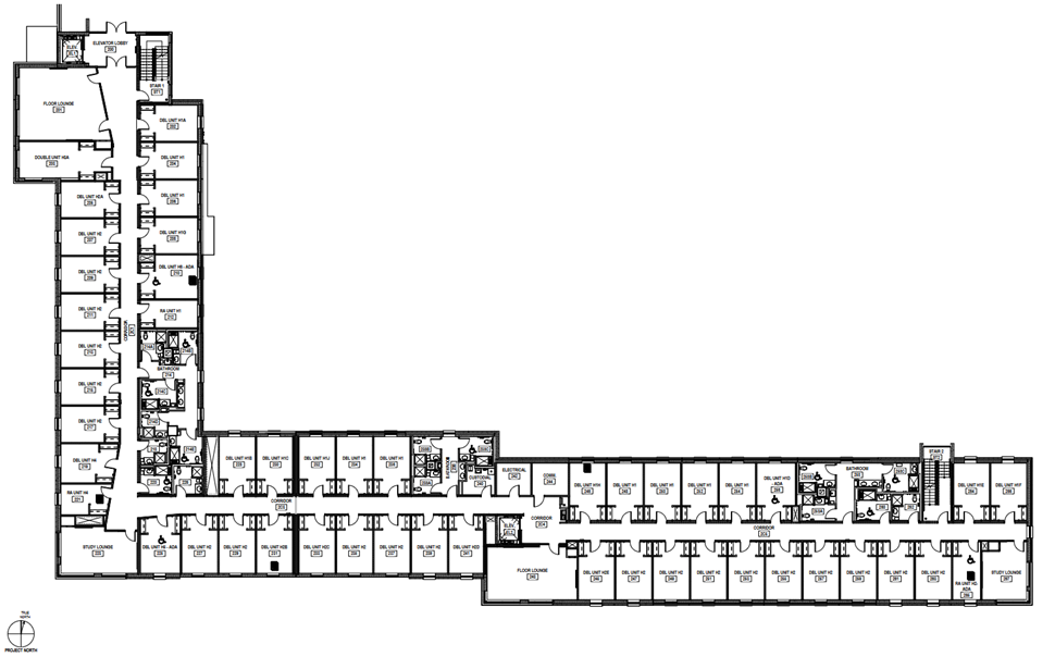 Douthit Hills Building H second-floor plan showing an L-shaped residential floor with double-unit rooms arranged along long central corridors. The plan includes elevator lobbies, stairwells, floor lounges, study lounges, and wetcore semi-private bathrooms with ADA-accessible facilities.