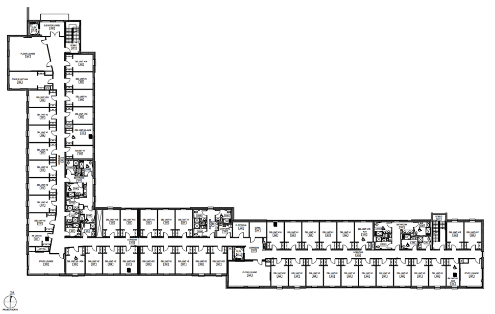 Douthit Hills Building H third-floor plan showing an L-shaped residential floor with double-unit rooms arranged along long central corridors. The plan includes elevator lobbies, stairwells, floor lounges, study lounges, and wetcore semi-private bathrooms with ADA-accessible facilities.