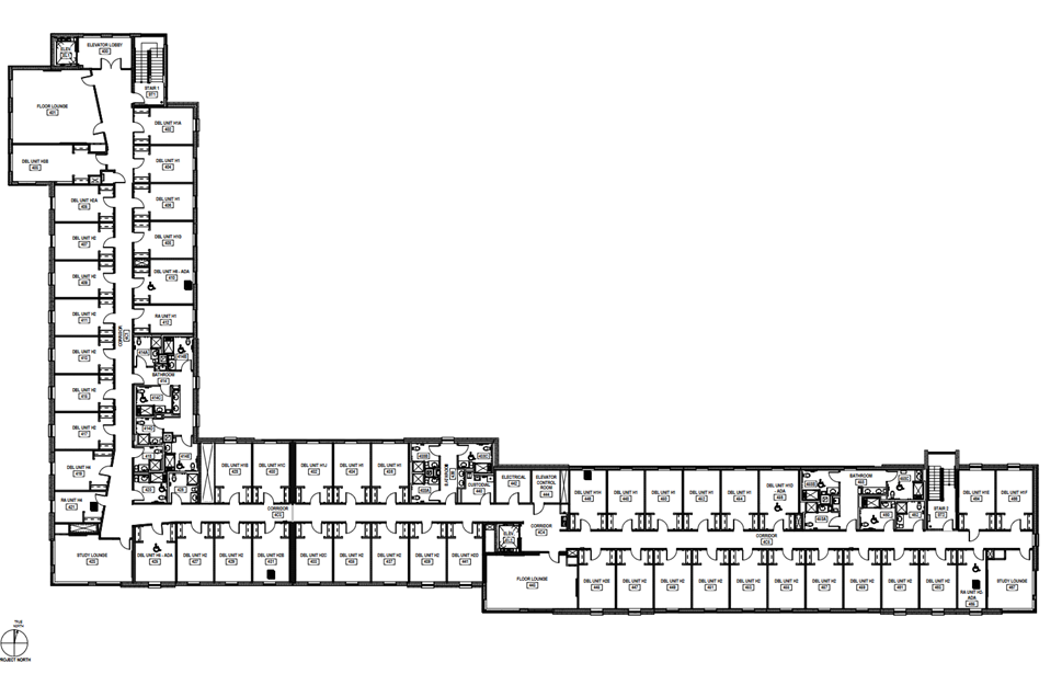 Douthit Hills Building H fourth-floor plan showing an L-shaped residential floor with double-unit rooms arranged along long central corridors. The plan includes elevator lobbies, stairwells, floor lounges, study lounges, and wetcore semi-private bathrooms with ADA-accessible facilities.