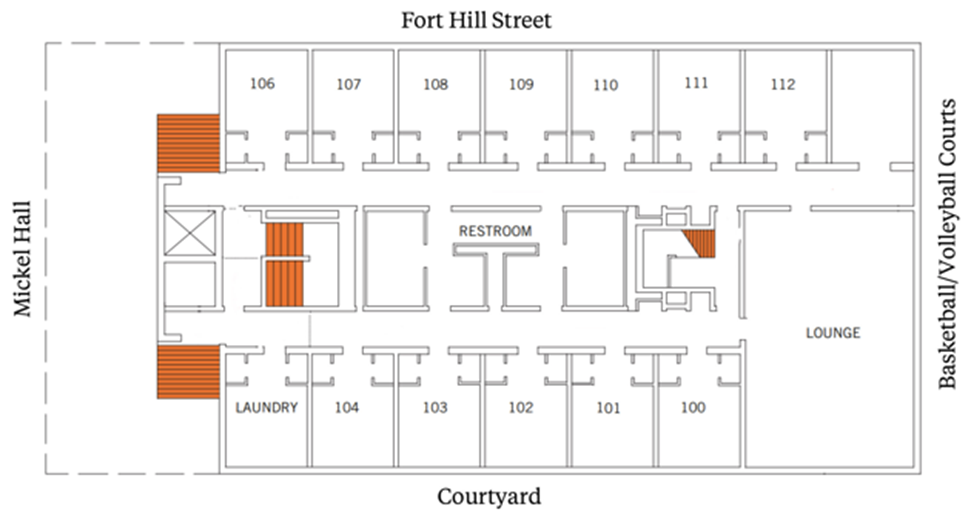 First-floor plan with a central corridor. Rooms 108–112 and a lounge line the top (Fort Hill Street side). Rooms 100–104 and a laundry room line the bottom (Courtyard side). Restrooms are near the center. A large lounge is on the right (Basketball/Volleyball Courts side). Stairs are on the left (Mickel Hall side).