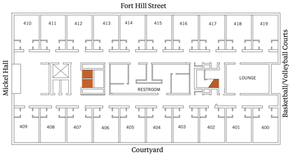 Fourth-floor plan with a central corridor. Rooms 410–419 line the top (Fort Hill Street side). Rooms 400–409 line the bottom (Courtyard side). A lounge and stairs are on the right (Basketball/Volleyball Courts side). Restrooms and additional stairs are near the center-leftt. Mickel Hall is along the Left side.
