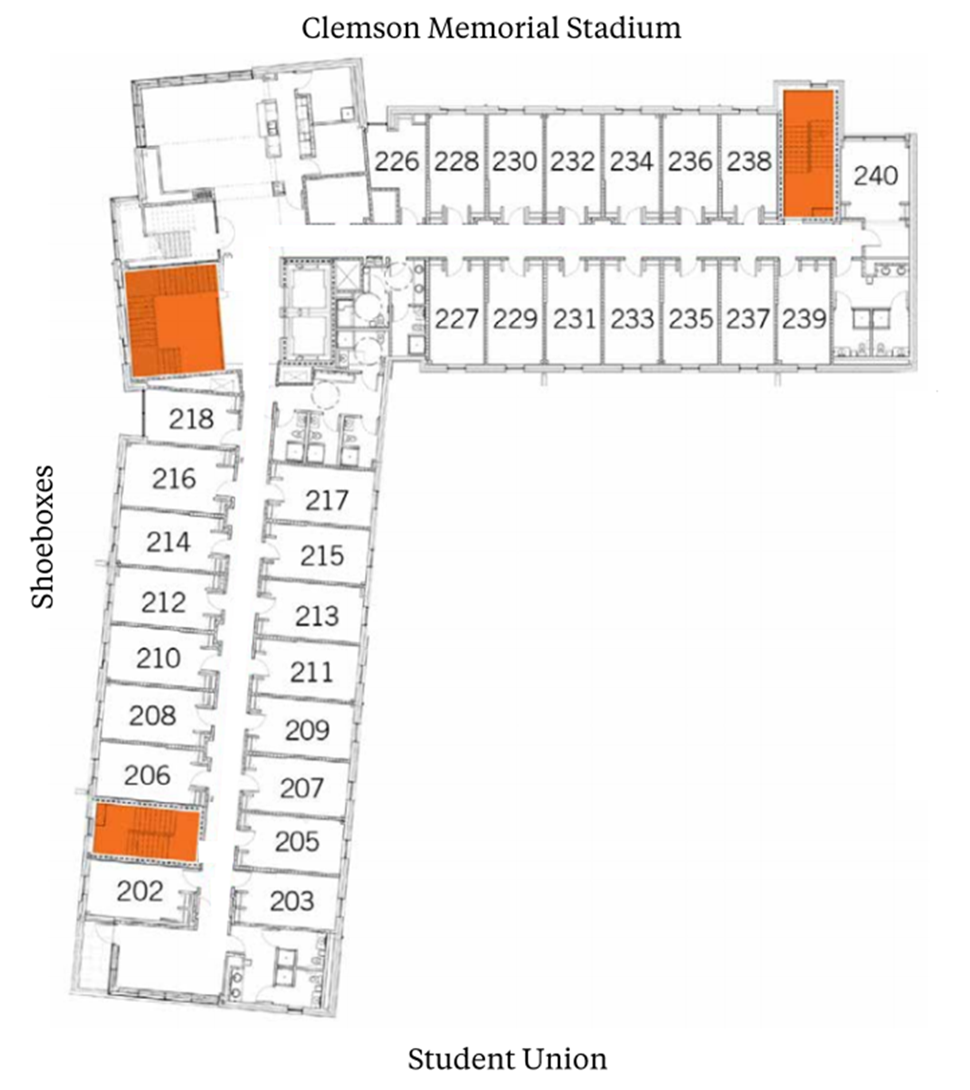 Gressette Hall second-floor plan showing student suites arranged along central corridors near the Shoeboxes, with Clemson Memorial Stadium above and Student Union below. The plan includes suites with two double rooms and a bathroom, plus stairwells highlighted in orange.