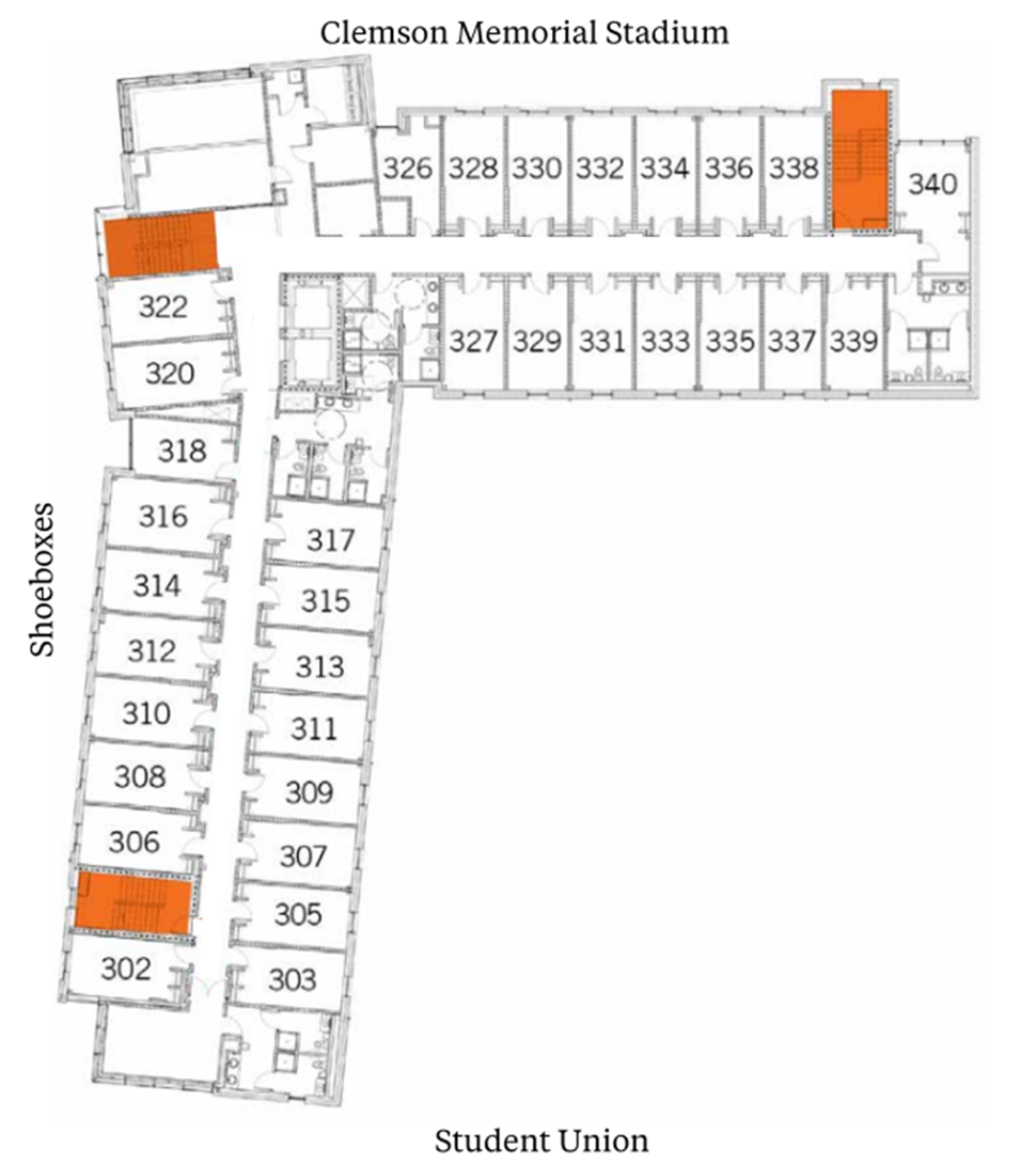 Gressette Hall Third-floor plan showing student suites arranged along central corridors near the Shoeboxes, with Clemson Memorial Stadium above and Student Union below. The plan includes suites with two double rooms and a bathroom, plus stairwells highlighted in orange.