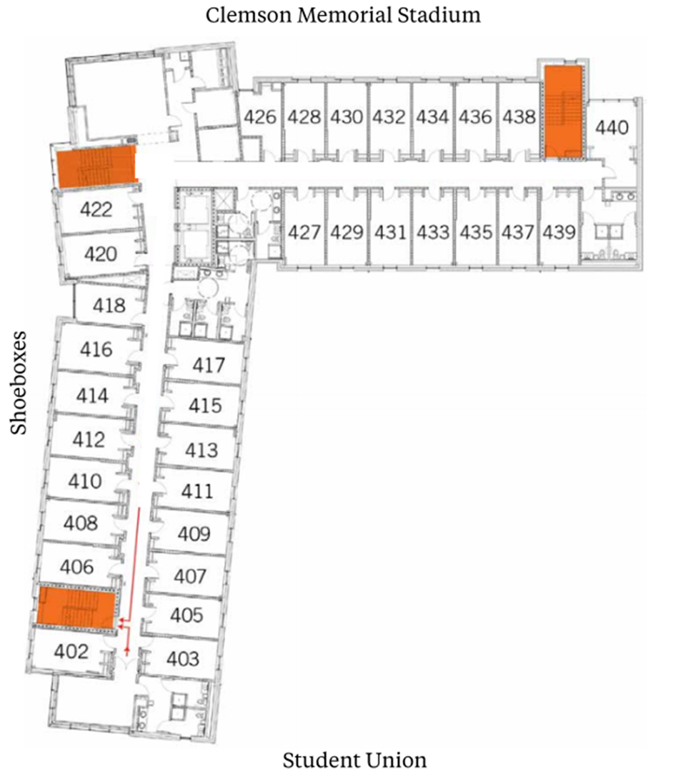 Gressette Hall fourth-floor plan showing student suites arranged along central corridors near the Shoeboxes, with Clemson Memorial Stadium above and Student Union below. The plan includes suites with two double rooms and a bathroom, plus stairwells highlighted in orange.