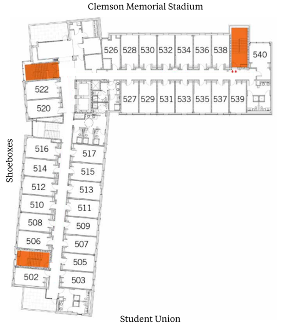 Gressette Hall fifth-floor plan showing student suites arranged along central corridors near the Shoeboxes, with Clemson Memorial Stadium above and Student Union below. The plan includes suites with two double rooms and a bathroom, plus stairwells highlighted in orange.