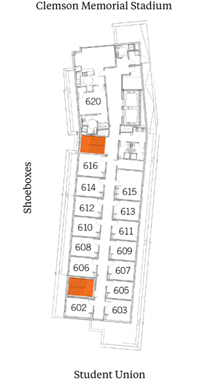Gressette Hall sixth-floor plan showing student suites arranged along central corridors near the Shoeboxes, with Clemson Memorial Stadium above and Student Union below. The plan includes suites with two double rooms and a bathroom, plus stairwells highlighted in orange.