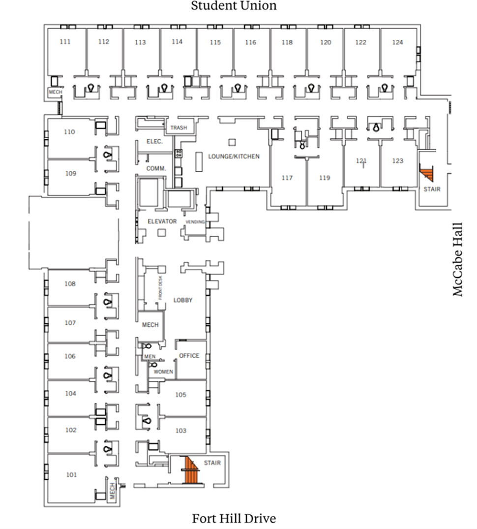 Holmes Hall first-floor plan showing student suites arranged around central corridors near Student Union, McCabe Hall, and Fort Hill Drive. The plan includes a lobby/main entrance, elevator, stairwells, lounge/kitchen area, office and support spaces, and suites with two double rooms and a bathroom.
