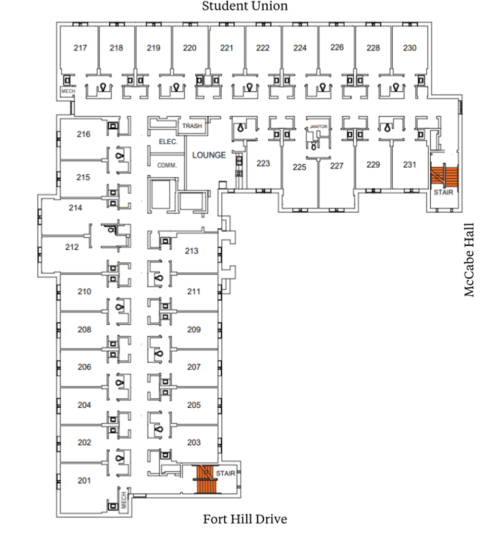 Holmes Hall second-floor plan showing student suites arranged around central corridors near Student Union, McCabe Hall, and Fort Hill Drive. The plan includes an elevator, stairwells, lounge and support spaces, and suites with two double rooms and a bathroom.