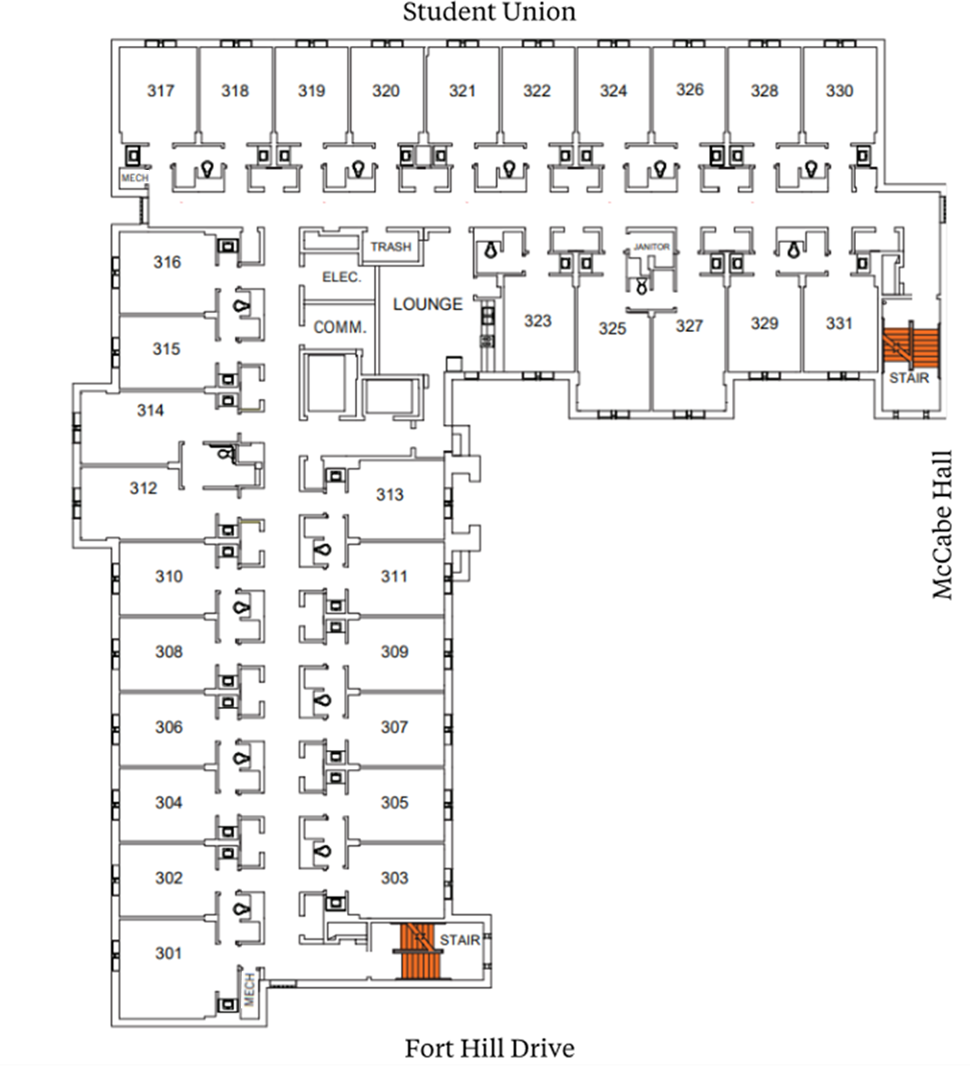Holmes Hall third-floor plan showing student suites arranged around central corridors near Student Union, McCabe Hall, and Fort Hill Drive. The plan includes an elevator, stairwells, lounge and support spaces, and suites with two double rooms and a bathroom.