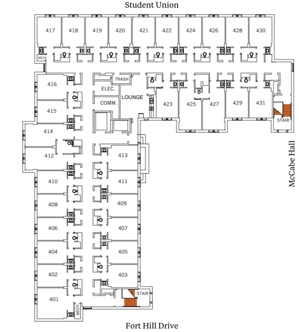 Holmes Hall fourth-floor plan showing student suites arranged around central corridors near Student Union, McCabe Hall, and Fort Hill Drive. The plan includes an elevator, stairwells, lounge and support spaces, and suites with two double rooms and a bathroom.