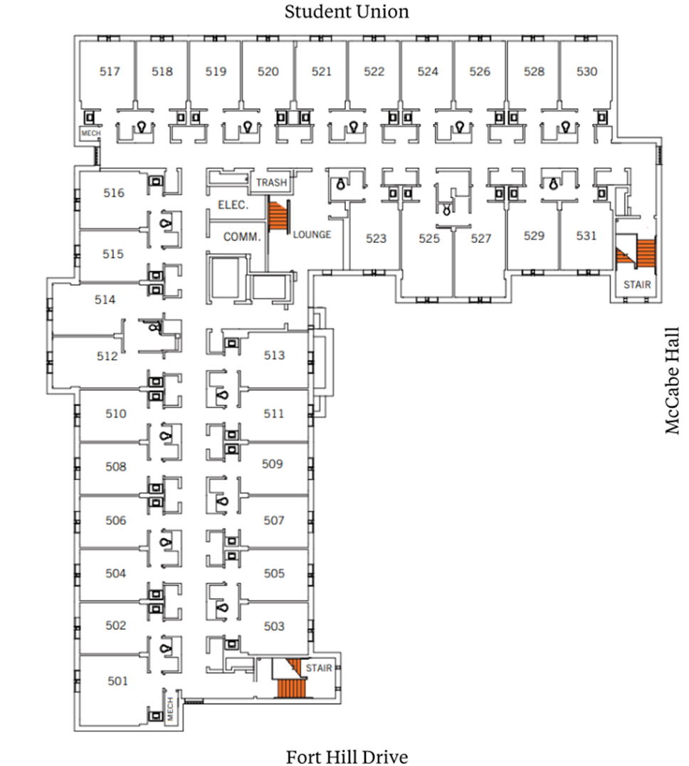 Holmes Hall fifth-floor plan showing student suites arranged around central corridors near Student Union, McCabe Hall, and Fort Hill Drive. The plan includes an elevator, stairwells, lounge and support spaces, and suites with two double rooms and a bathroom.