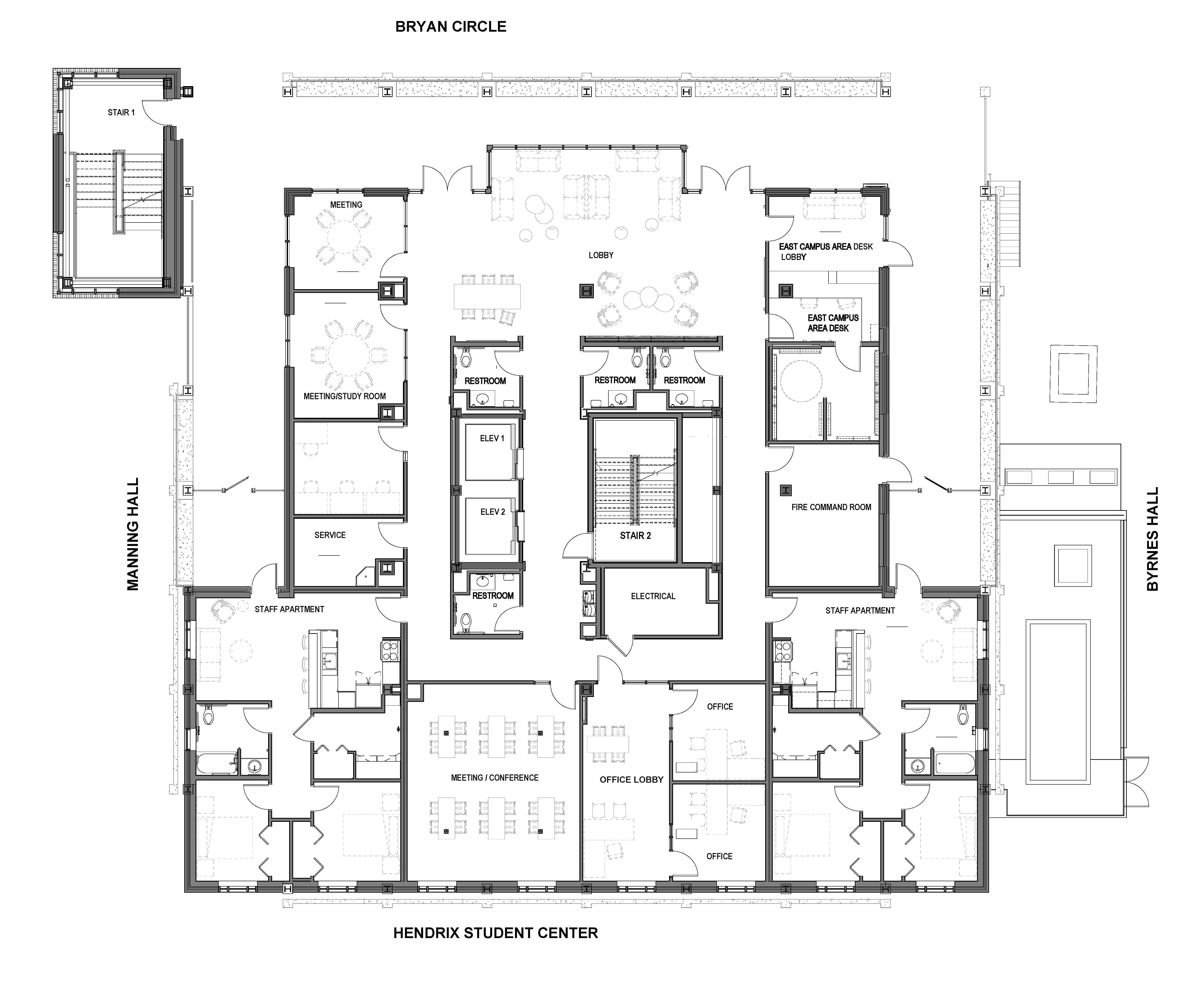 Floor plan of Bryan Mall Circle level at Hendrix Student Center. Manning Hall borders the left side and Cherry Road borders the right. Layout includes a central lobby with two elevators and stairs, meeting/study rooms, lounge and meeting spaces, offices, restrooms, service and electrical rooms, a fire command room and two staff apartments with bedrooms and bathrooms.
