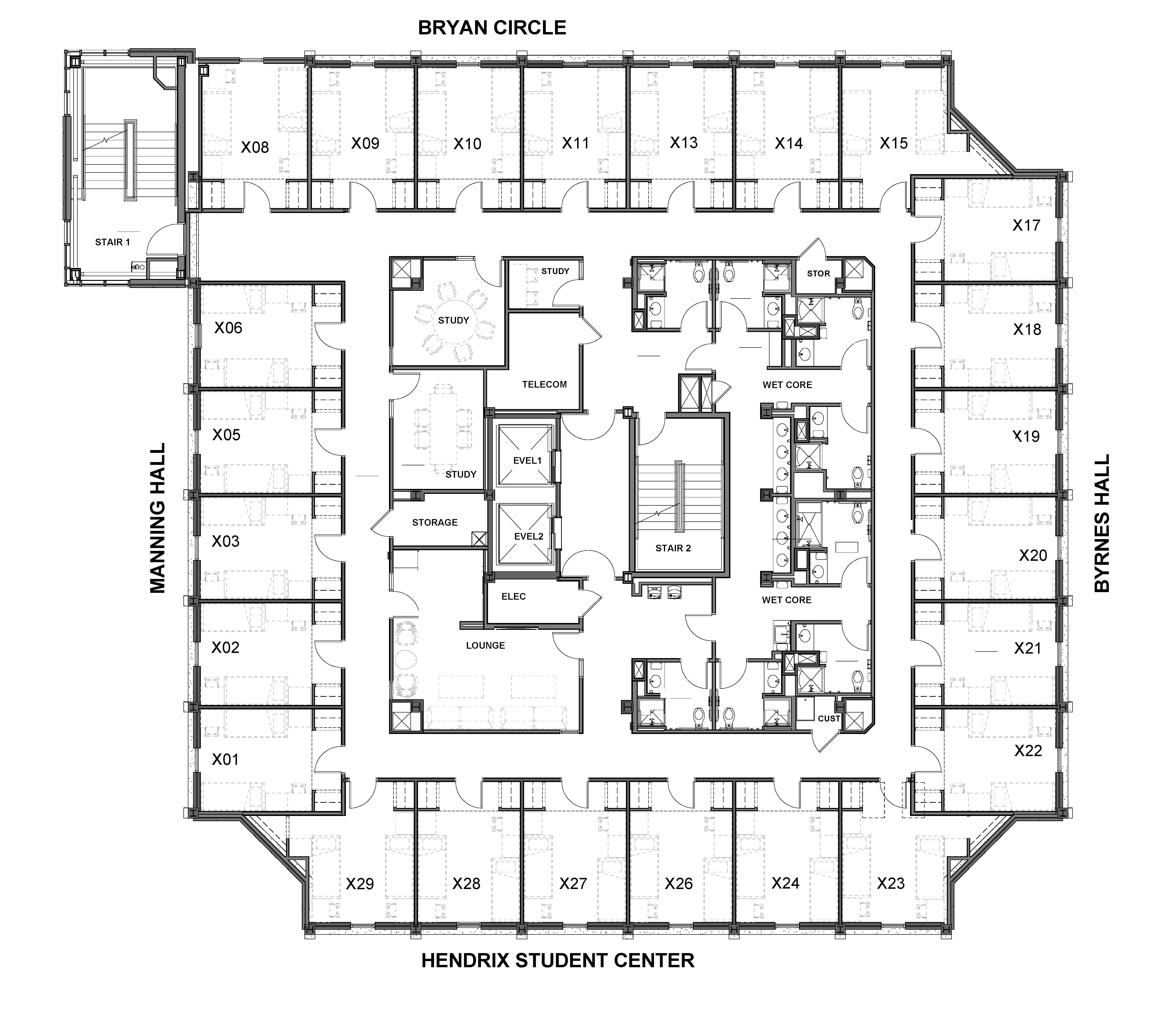 Floors 2-10 of Bryan Mall Circle level at Hendrix Student Center. Manning Hall is on the left and Cherry Road on the right. There are corridors the run in a square with student bedrooms line the perimeter, including corner rooms. The center core includes two elevators, two stairwells, study rooms, a lounge, mechanical and electrical rooms, and multiple restrooms with ADA-accessible facilities.