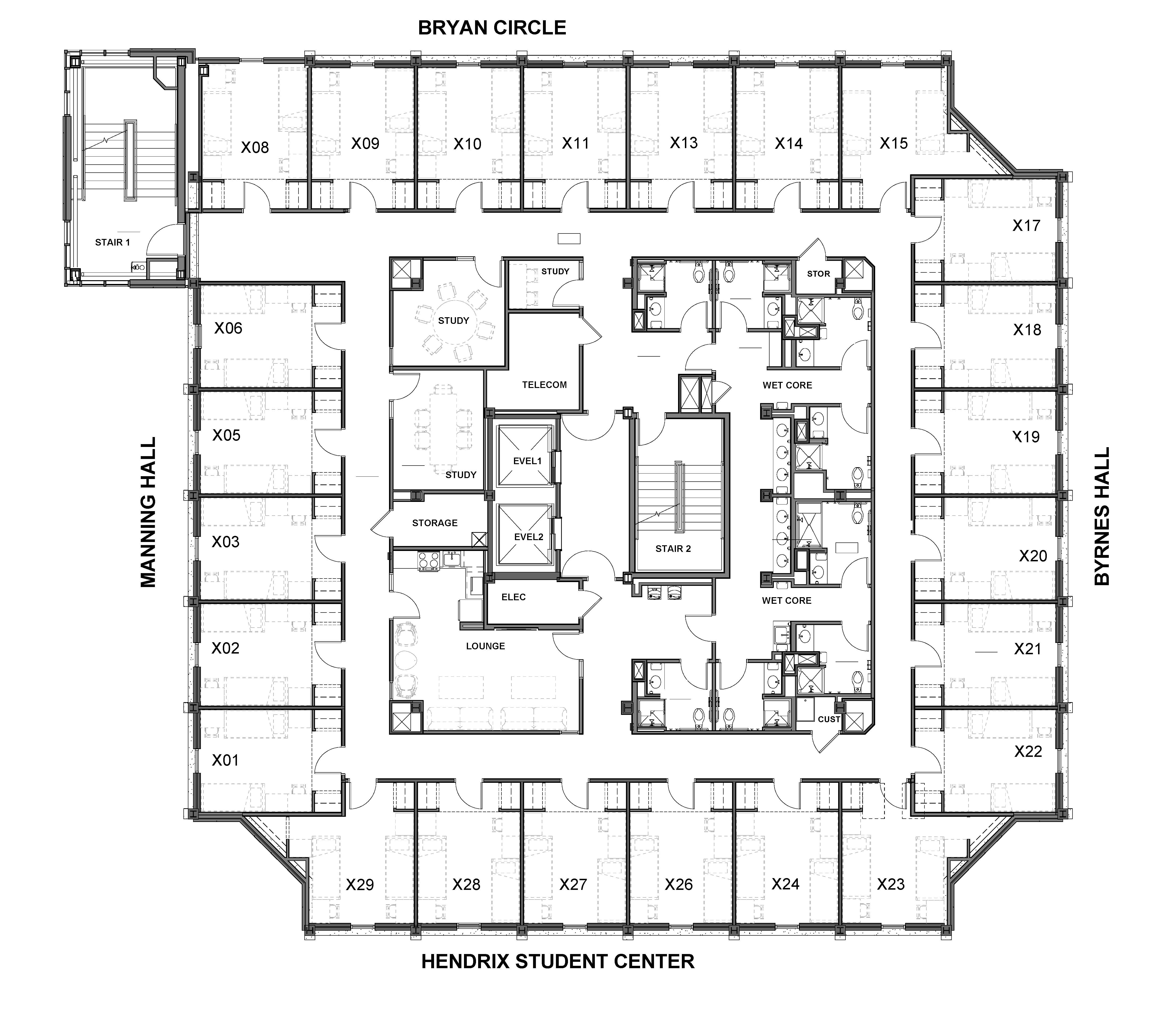 Floors 4 and 8 of Bryan Mall Circle level at Hendrix Student Center. Manning Hall is on the left and Cherry Road on the right. There are corridors the run in a square with student bedrooms line the perimeter, including corner rooms. The center core includes two elevators, two stairwells, study rooms, a lounge, mechanical and electrical rooms, multiple restrooms with ADA-accessible facilities and a Kitchenette.