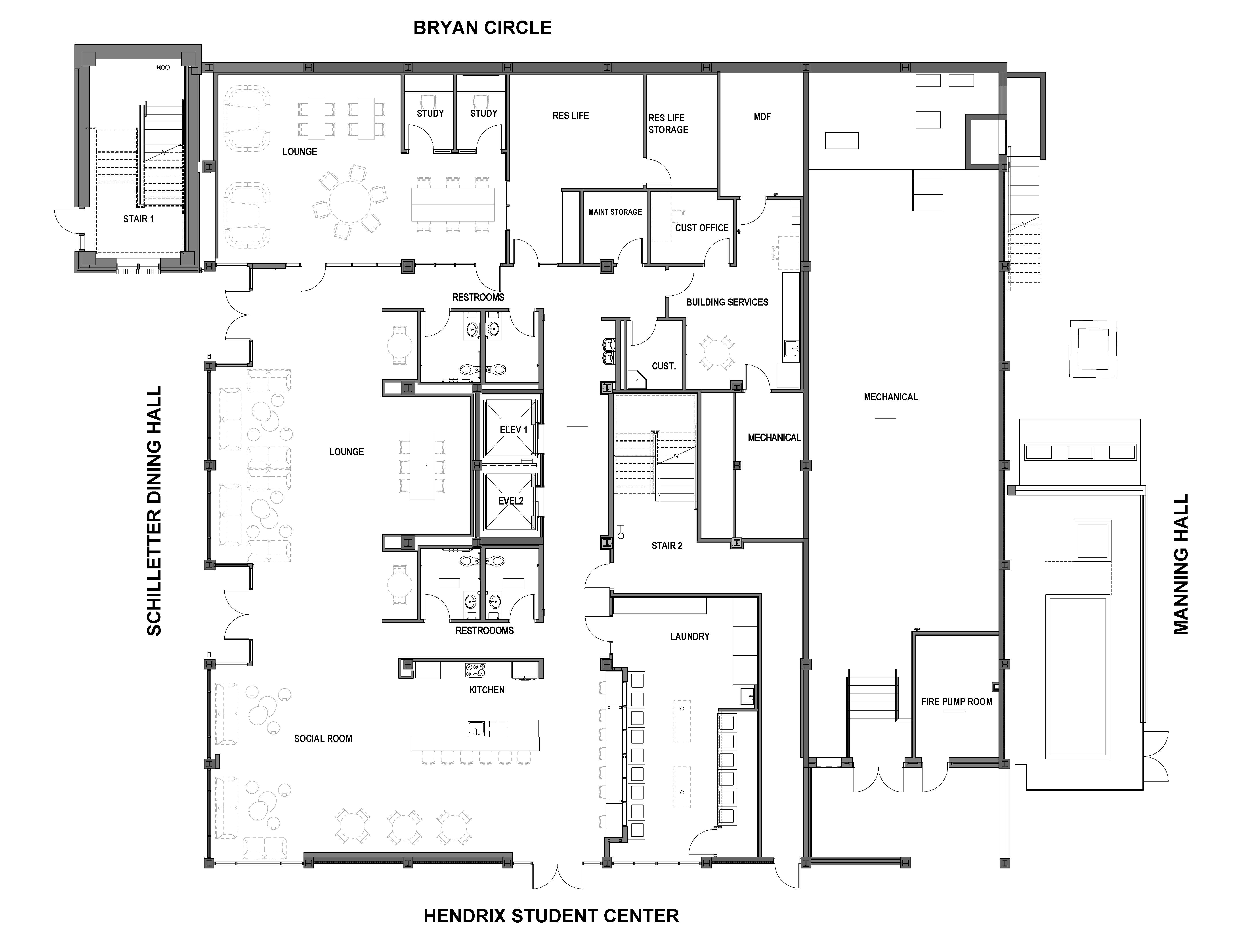 Floor plan of Bryan Mall Circle level at Hendrix Student Center. Manning Hall borders the left side and Cherry Road borders the right.Layout includes two elevators and stairs, meeting/study rooms, restrooms, service and electrical rooms, kitchen, lounge and laundry area.