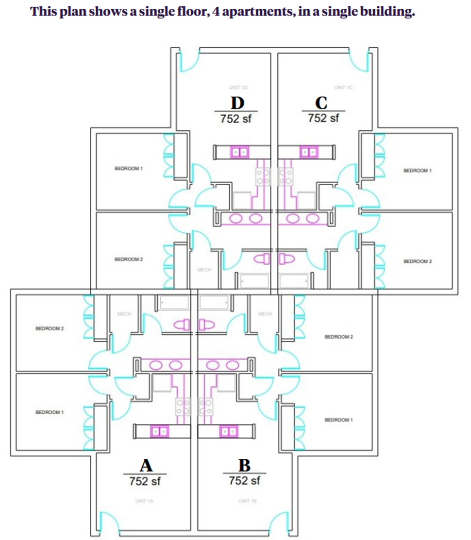 Lightsey Bridge I room layout showing two side-by-side units, A and B, each 752 square feet. Each unit includes two bedrooms, a living room, kitchen, bathroom, mechanical space, and exterior entry.