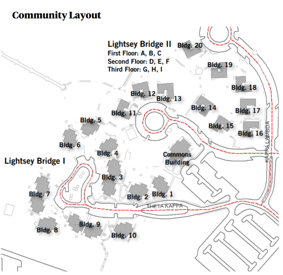 Lightsey Bridge community layout showing Buildings 1–20 arranged around internal roads, roundabouts, and a Commons Building. The site plan includes Lightsey Bridge I and II residential clusters, connecting streets and sidewalks, nearby parking areas, and floor letter groupings for Lightsey Bridge II.