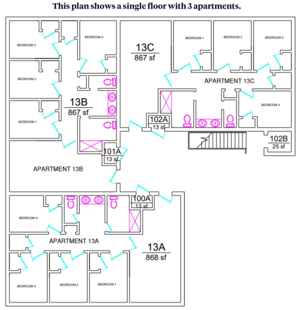 Lightsey Bridge II floor plan showing a single floor with three apartment units, 13A, 13B, and 13C. Each apartment includes four bedrooms, shared living space, kitchen area, and bathroom facilities, with a central stairwell and support spaces serving the floor.