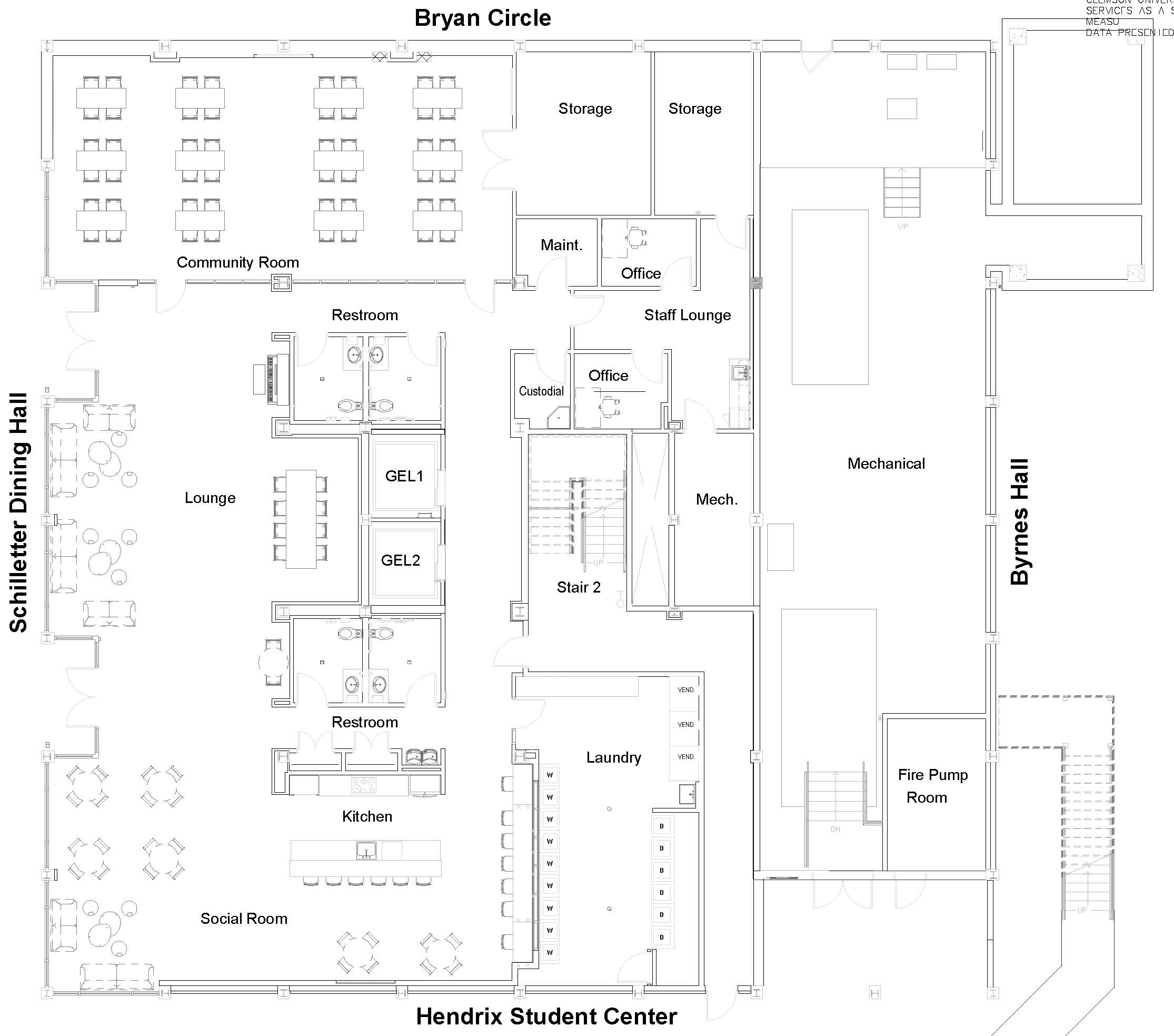 Floor plan of Bryan Mall Circle level at Hendrix Student Center. Schilletter Hall is on the left and Byrnes Hall on the right. Layout includes two elevators and stairs, meeting/study rooms, restrooms, service and electrical rooms, kitchen, lounge and laundry area.