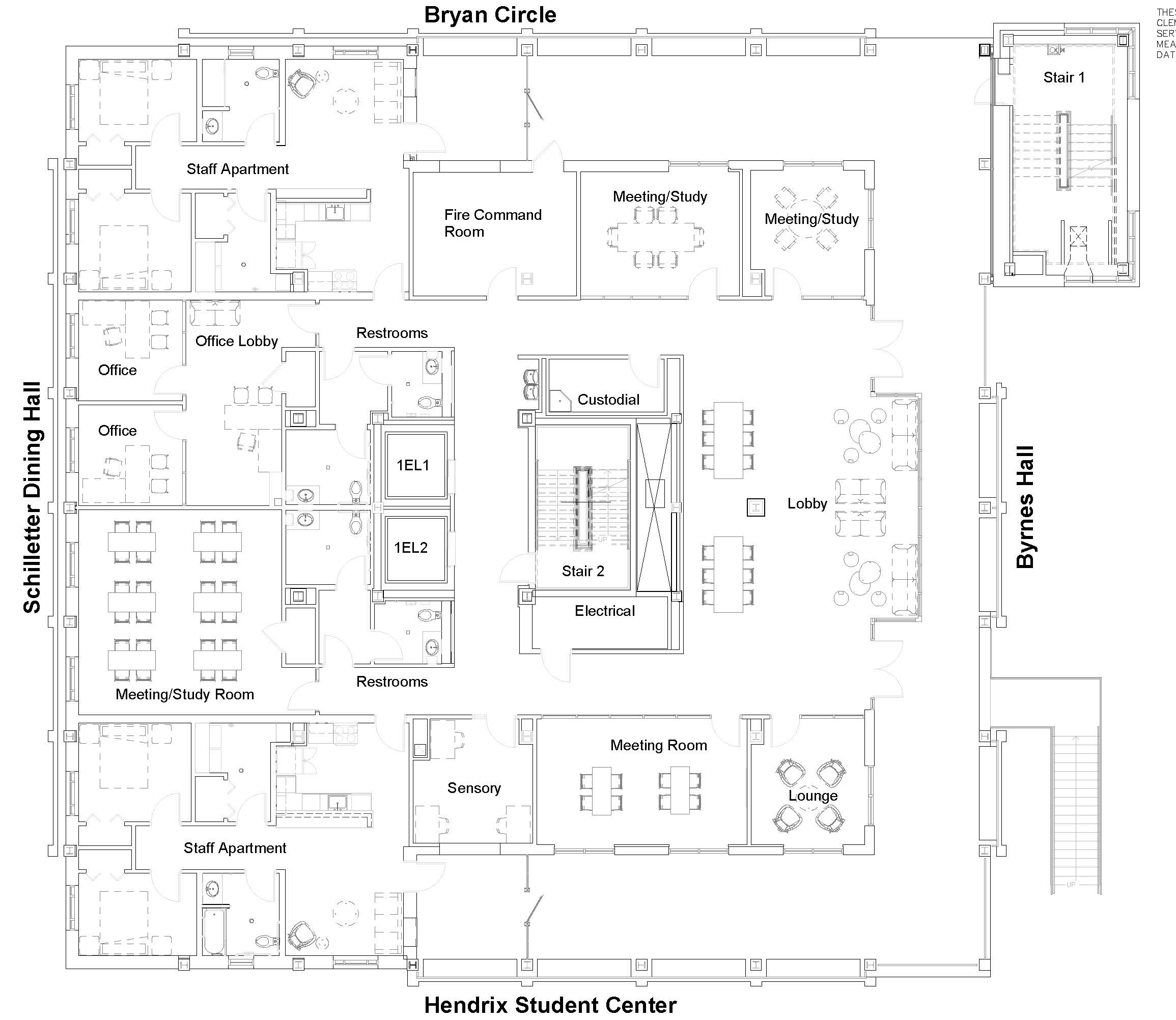 Floor plan of Bryan Mall Circle level at Hendrix Student Center. Schilletter Hall is on the left and Byrnes Hall on the right. Layout includes a central lobby with two elevators and stairs, meeting/study rooms, lounge and meeting spaces, offices, restrooms, service and electrical rooms, a fire command room and two staff apartments with bedrooms and bathrooms.