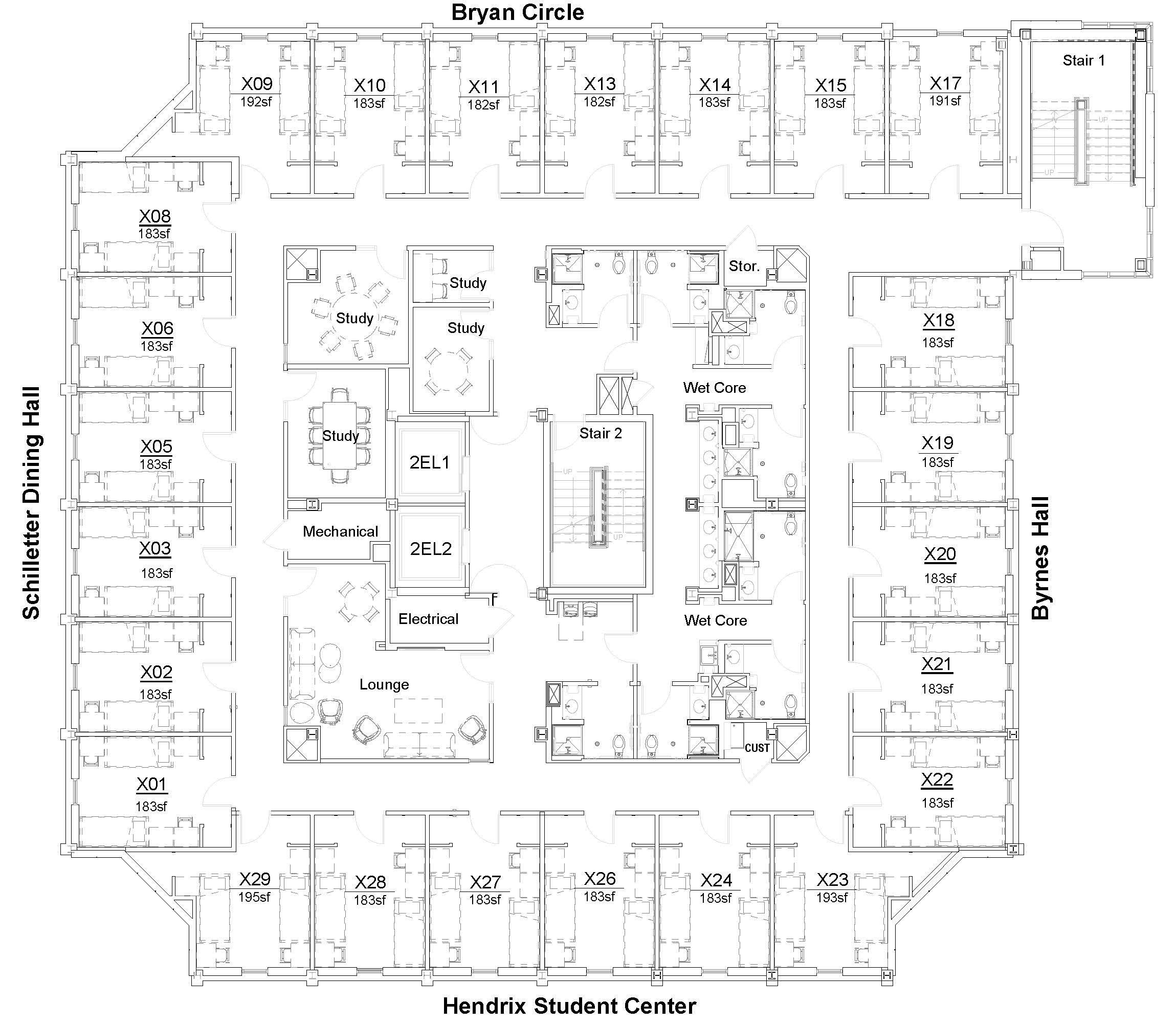 Floors 2-3,5-7,9-10 plan of Bryan Mall Circle level at Hendrix Student Center. Schilletter Hall is on the left and Byrnes Hall on the right. Double-loaded corridors line the perimeter with student bedrooms, including corner rooms. The center core includes two elevators, two stairwells, study rooms, a lounge, mechanical and electrical rooms, and multiple restrooms with ADA-accessible facilities.