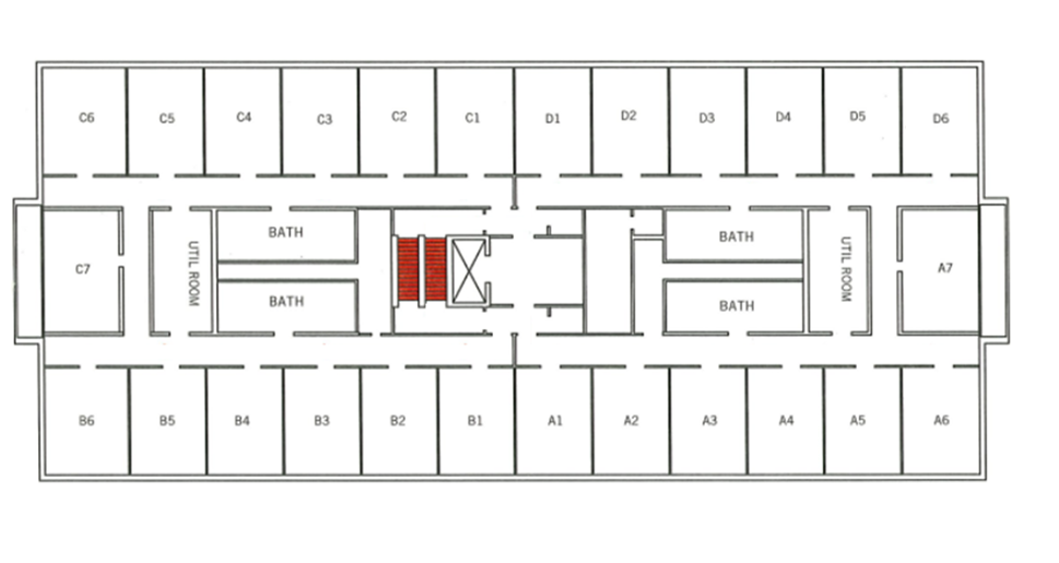 Mauldin Hall floor plan showing student rooms arranged along both sides of central corridors between Schilletter Dining Hall and Barnett Hall. The plan includes an elevator, stairwell highlighted in red, utility rooms, and hall-style shared bathrooms.
