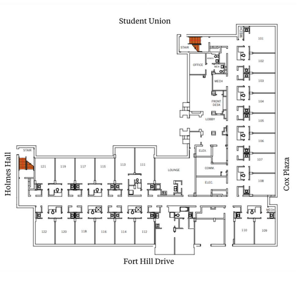 McCabe Hall first-floor plan showing student suites arranged around central corridors near Holmes Hall, Cox Plaza, Student Union, and Fort Hill Drive. The plan includes a lobby/main entrance, front desk, elevator, stairwells, lounge and support spaces, and suites with two double rooms and a bathroom.