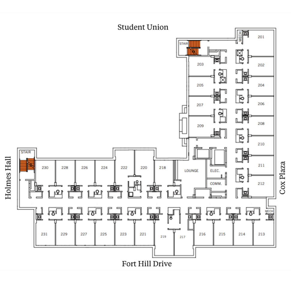 McCabe Hall second-floor plan showing student suites arranged around central corridors near Holmes Hall, Cox Plaza, Student Union, and Fort Hill Drive. The plan includes stairwells, a lounge and support spaces, and suites with two double rooms and a bathroom.