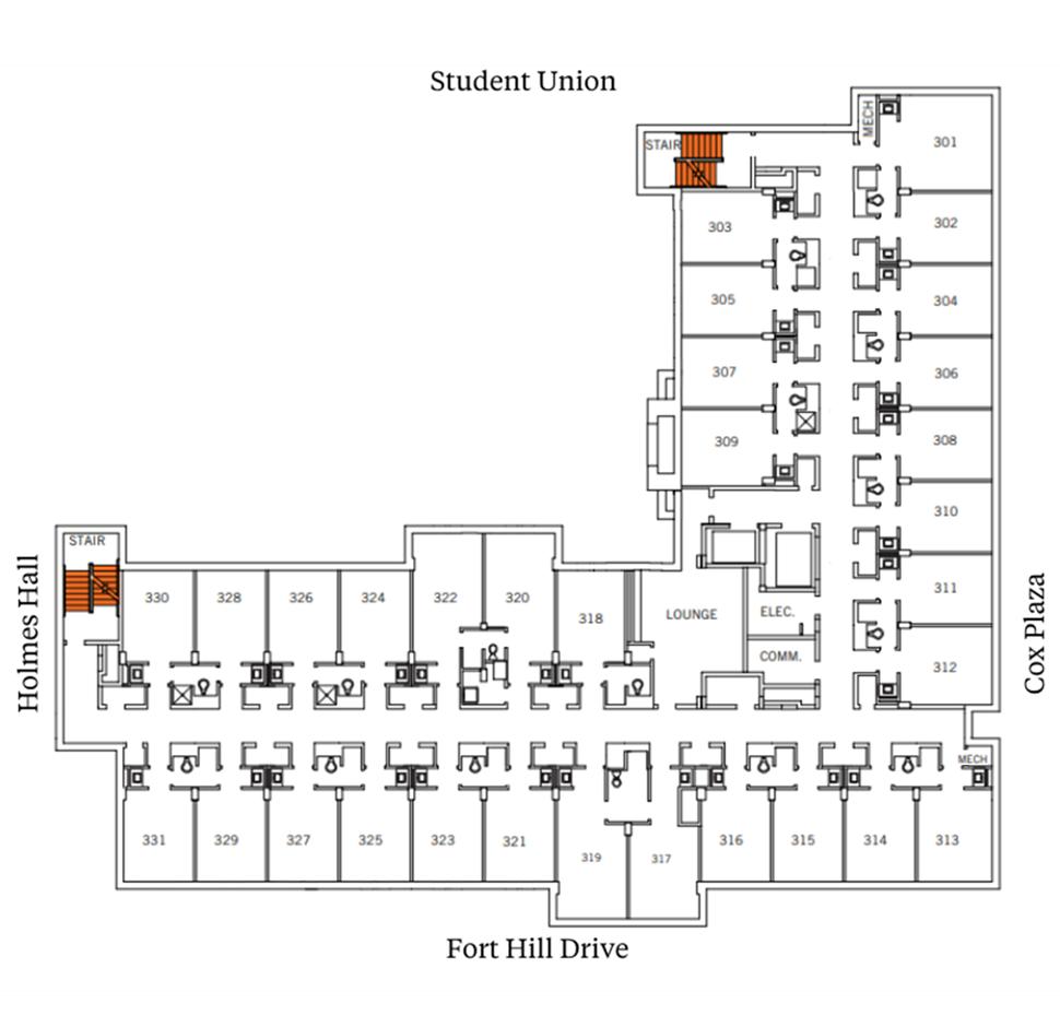 McCabe Hall third-floor plan showing student suites arranged around central corridors near Holmes Hall, Cox Plaza, Student Union, and Fort Hill Drive. The plan includes stairwells, a lounge and support spaces, and suites with two double rooms and a bathroom.