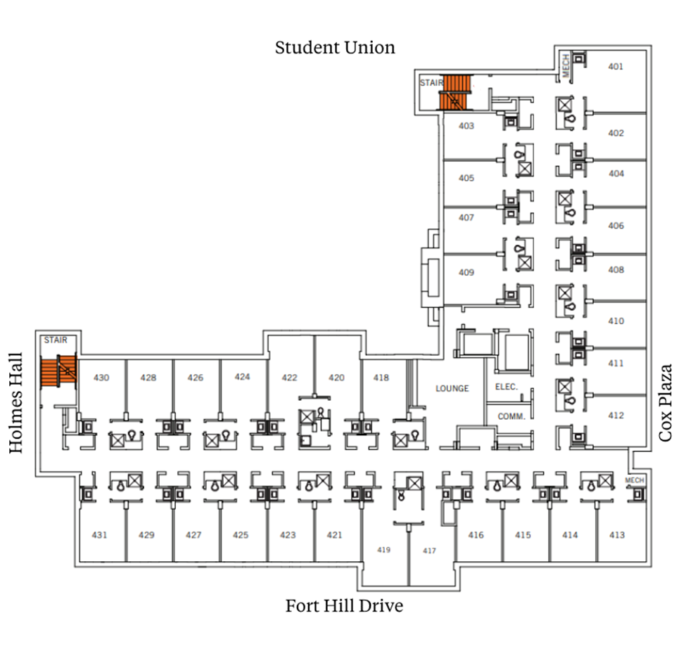 McCabe Hall fourth-floor plan showing student suites arranged around central corridors near Holmes Hall, Cox Plaza, Student Union, and Fort Hill Drive. The plan includes stairwells, a lounge and support spaces, and suites with two double rooms and a bathroom.